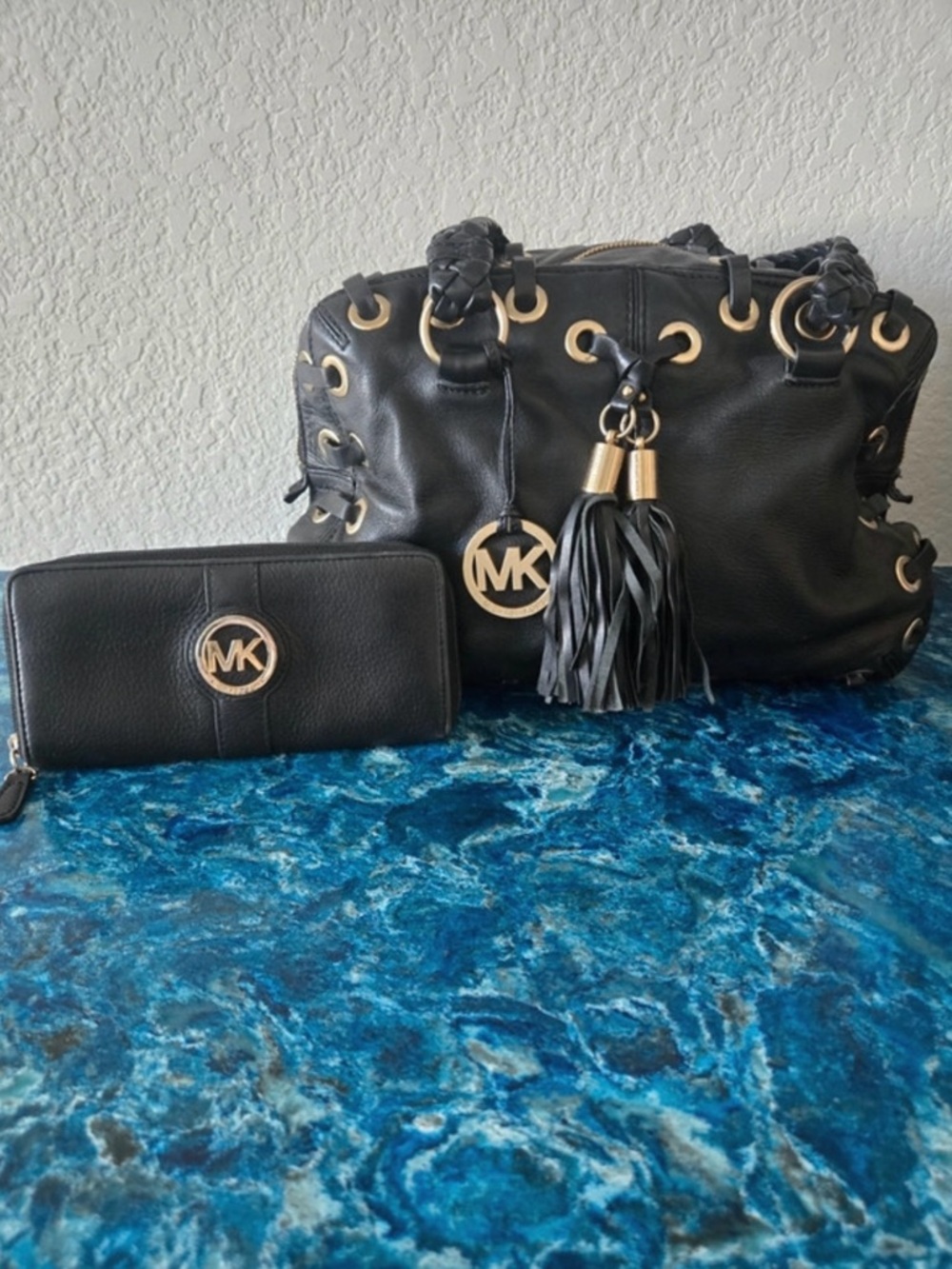 Michael Kors Black Shoulder Satchel with Tassel and Wallet.
